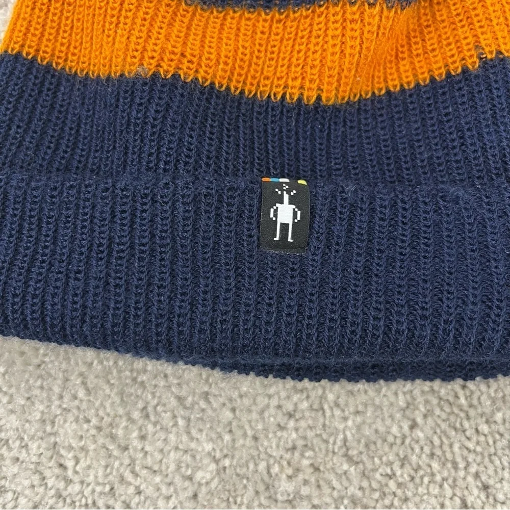 Smartwool Kids Stripe Pom Beanie Navy Blue Orange Size L/XL Fall Merino Wool